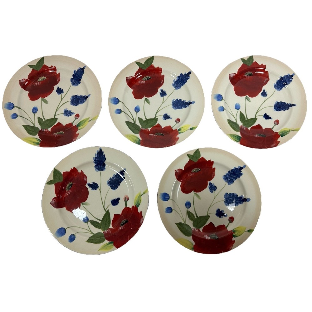Pfaltzgraff Scarlett ~8.5" Plates Salad/Lunch Red Poppy Blue Flower Set Of 5